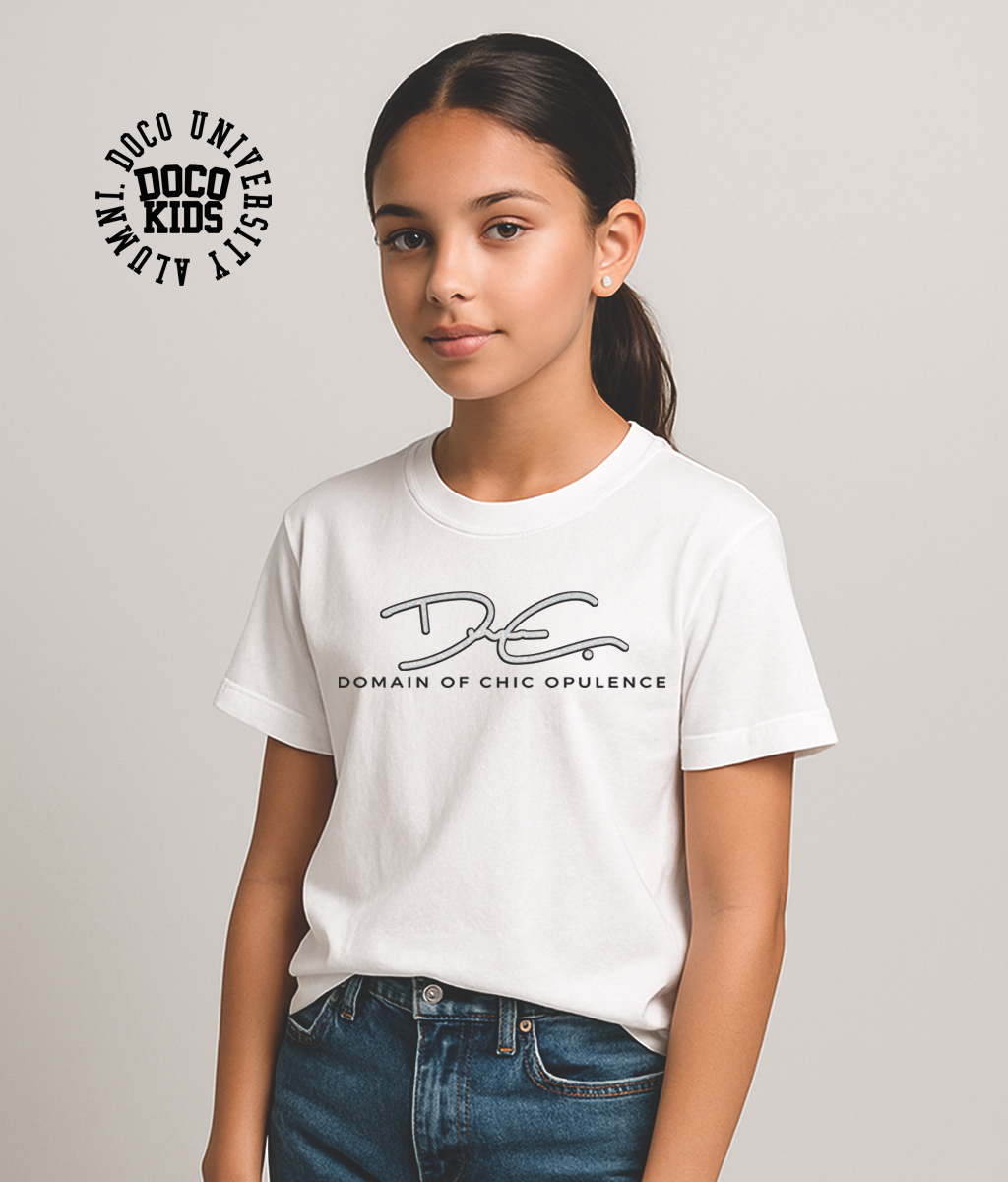 DOCO Kids Signature Shine Tee – White with Layered Shimmer Logo (Unisex)