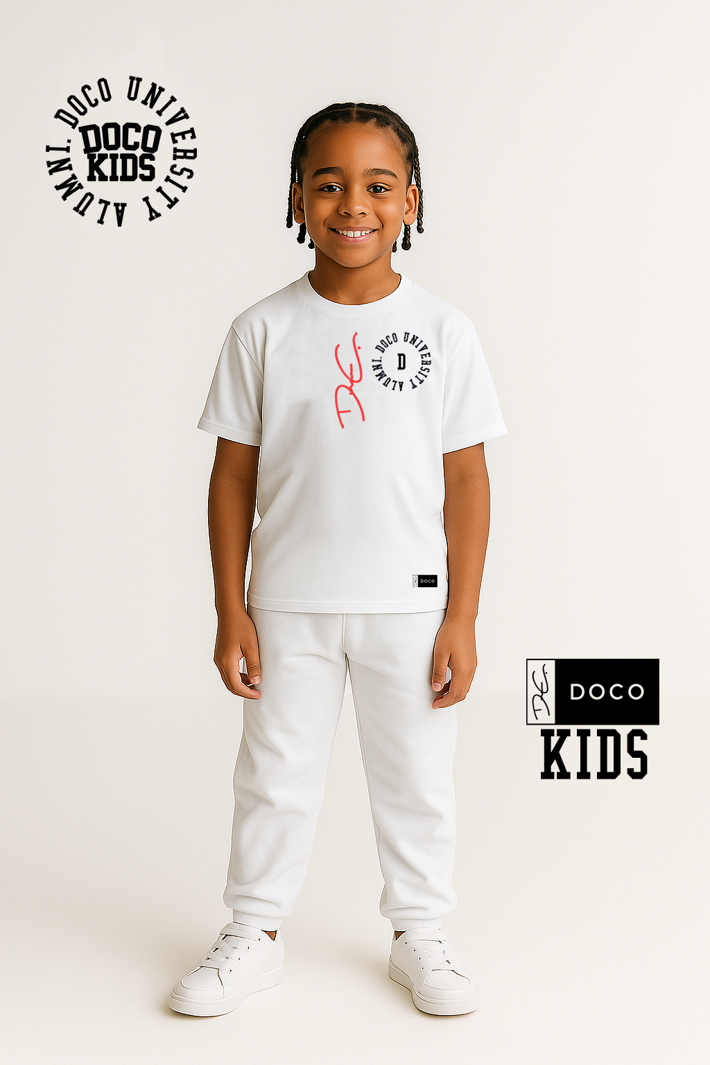 DOCO Kids Signature Crest Tee – White with Red & Black Matte Vinyl