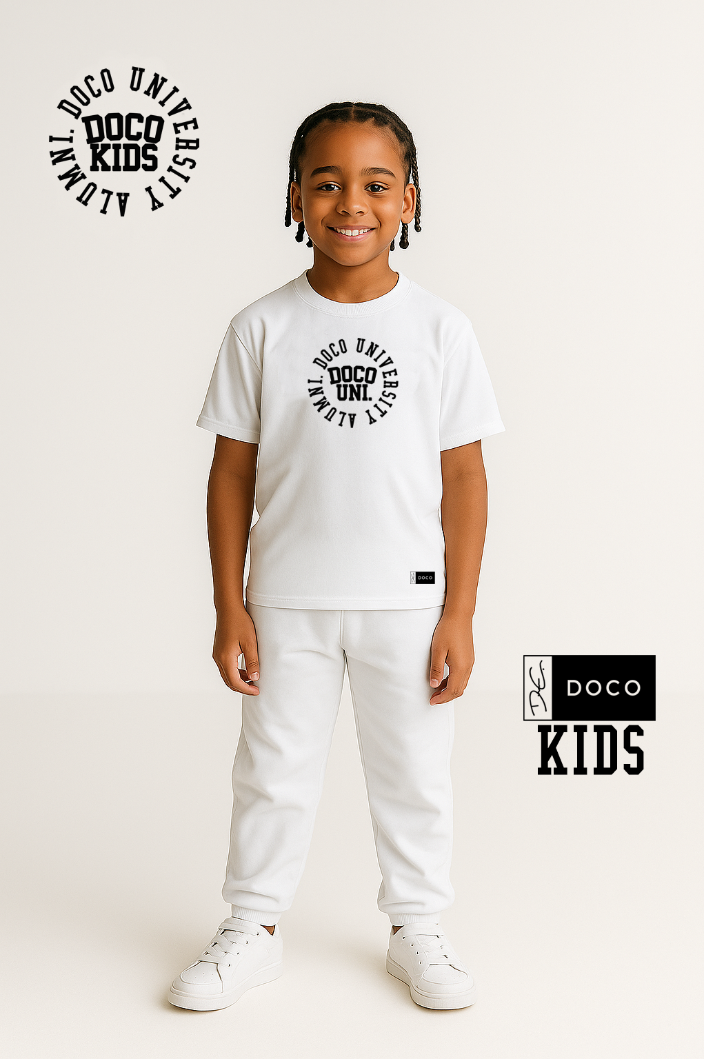 DOCO Kids Uni Logo Tee – White with Black Circle Logo (Unisex)